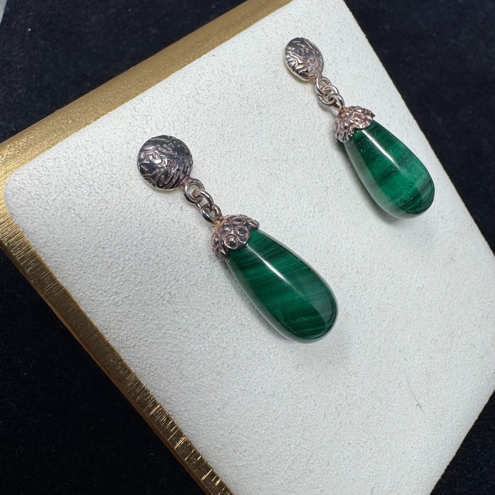 VTG Sterling Silver Native American Dangle Earrings Malachite Southwest estate